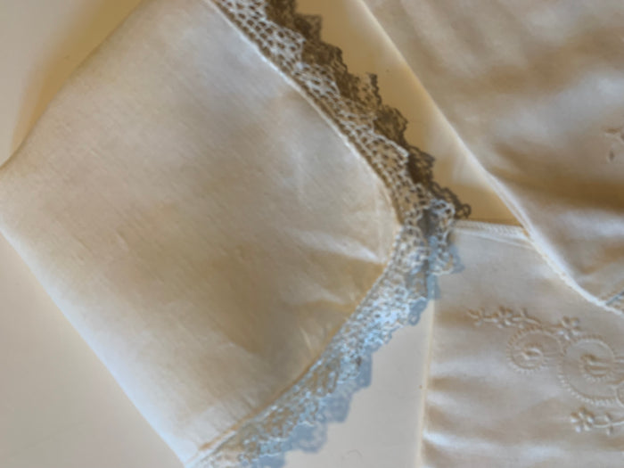 2 Pale Ivory Cotton Handkerchiefs with Lace or Tatting circa 1950s