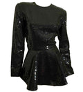 40s Inspired Black Sequined Peplum Blouse with Shoulder Pads circa 1980s