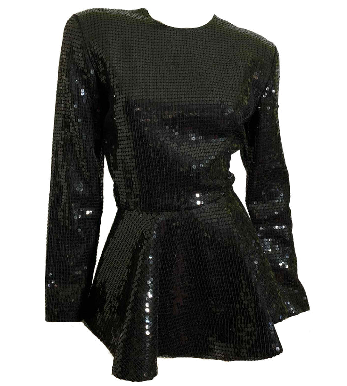 40s Inspired Black Sequined Peplum Blouse with Shoulder Pads circa 1980s
