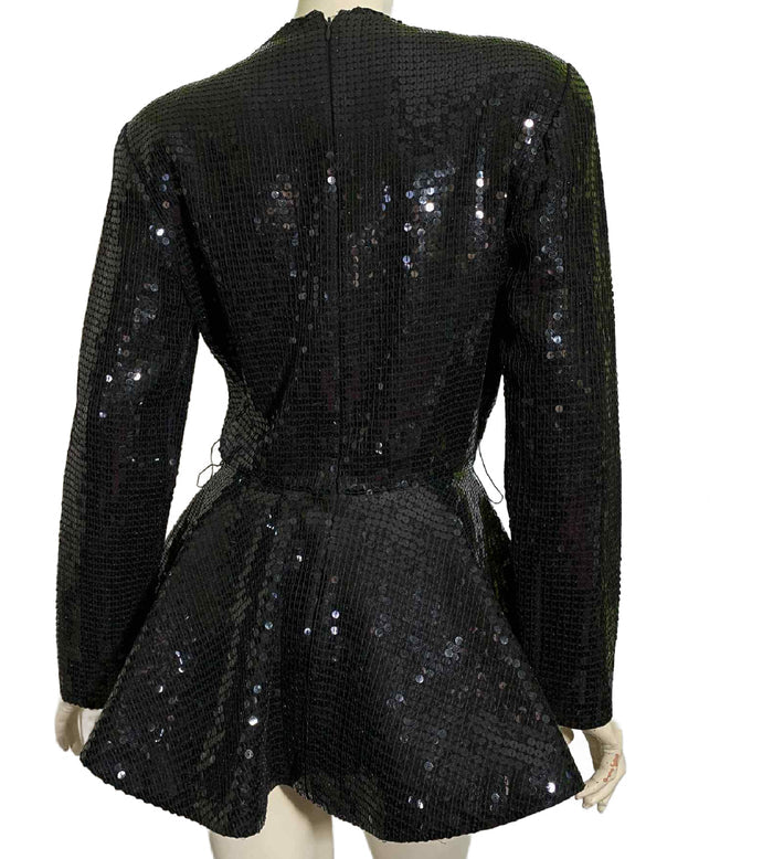 40s Inspired Black Sequined Peplum Blouse with Shoulder Pads circa 1980s