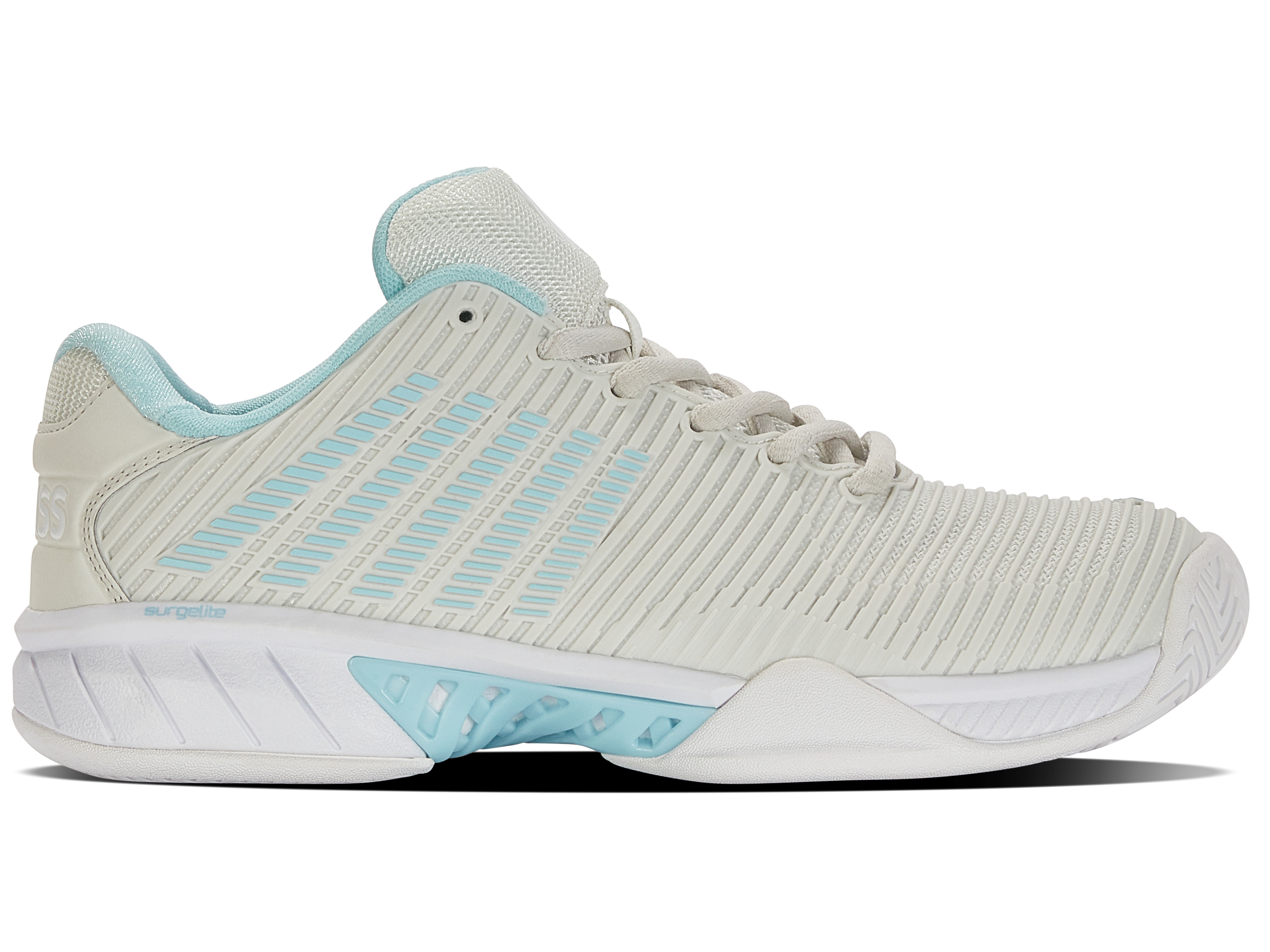 K-Swiss Women's Hypercourt Express 2 Wide Tennis Shoes in Vaporous Gray/White/Blue Glow