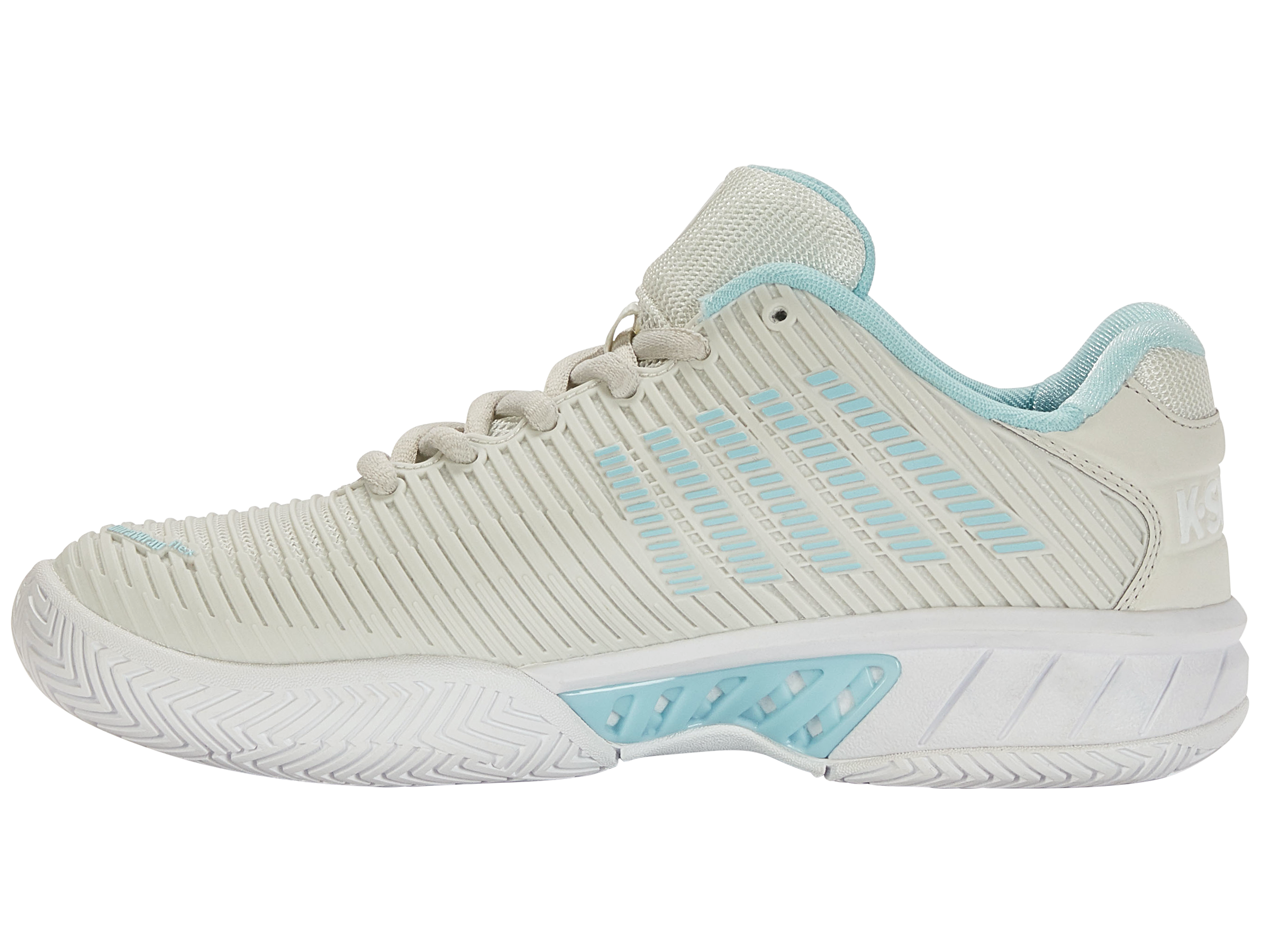 K-Swiss Women's Hypercourt Express 2 Wide Tennis Shoes in Vaporous Gray/White/Blue Glow