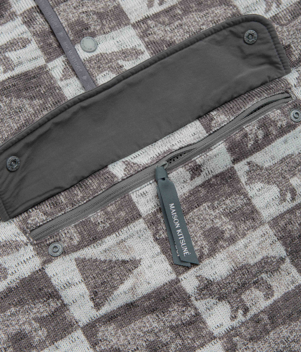 and wander x Maison Kitsune Fox Checkers Pullover Fleece - Grey
