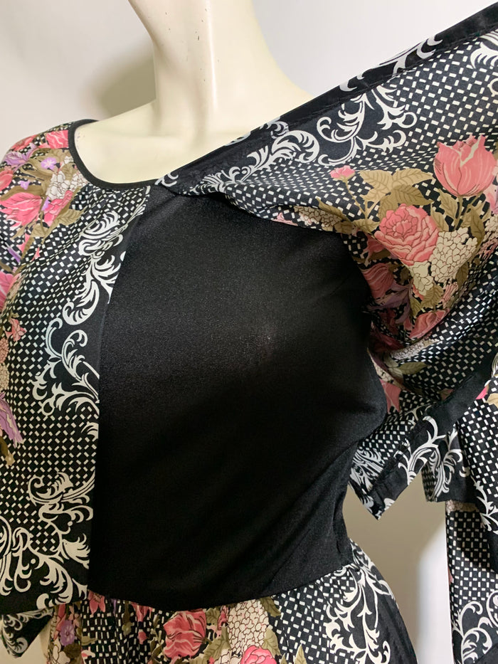 Black and Pink Rose Print Maxi Dress with Peaked Sleeves circa 1970s