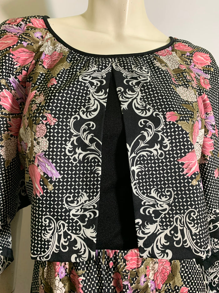 Black and Pink Rose Print Maxi Dress with Peaked Sleeves circa 1970s