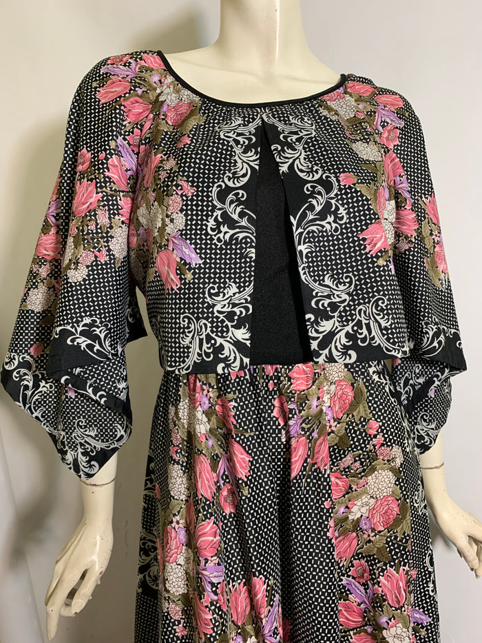 Black and Pink Rose Print Maxi Dress with Peaked Sleeves circa 1970s