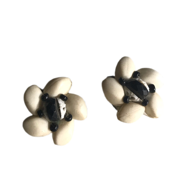 Black and White Beaded Cluster Clip Earrings circa 1960s