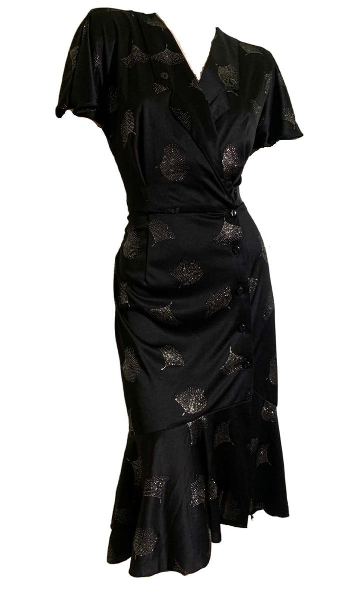 Black Nylon Slinky Disco Dress with Silver Art Deco Design circa 1980s