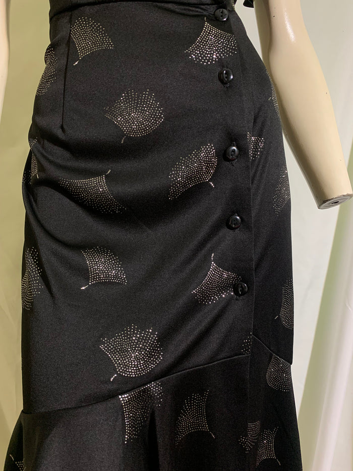 Black Nylon Slinky Disco Dress with Silver Art Deco Design circa 1980s