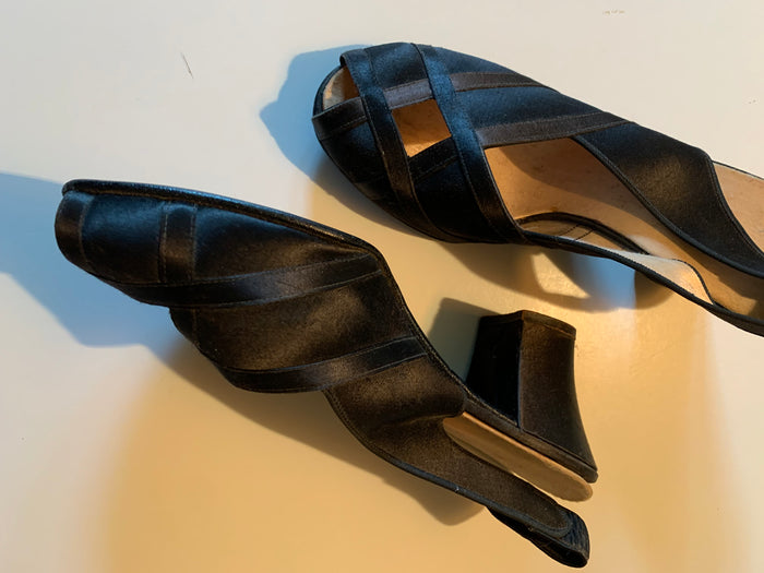 Black Silk Peep Toe Slingback Boudoir Slippers circa 1940s