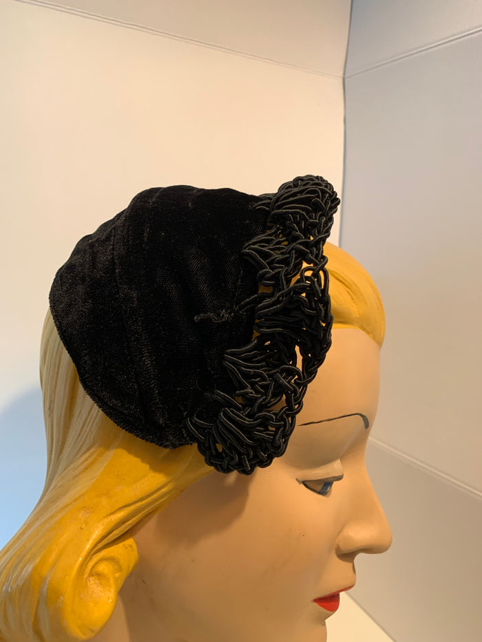 Black Velvet and Braided Cord Lace Headband Hat circa 1950s