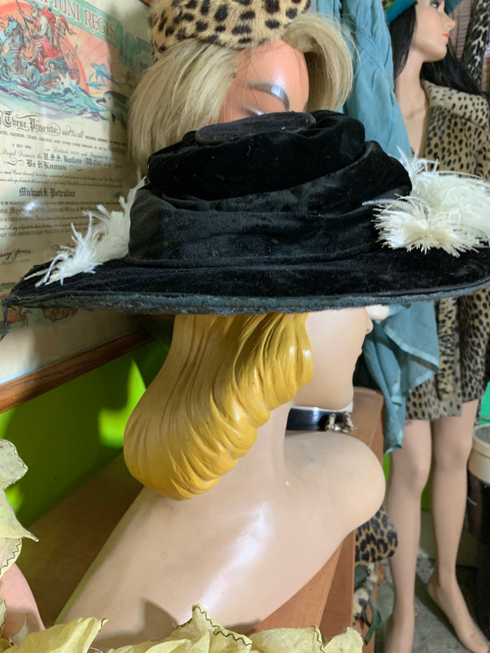 Black Velveteen Wide Brim Hat with Feather circa 1910s