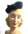 Black Whirled Mini Pillbox Hat with Fringed Accent circa 1960s Nina Neal Dorothea's Closet Vintage Hat