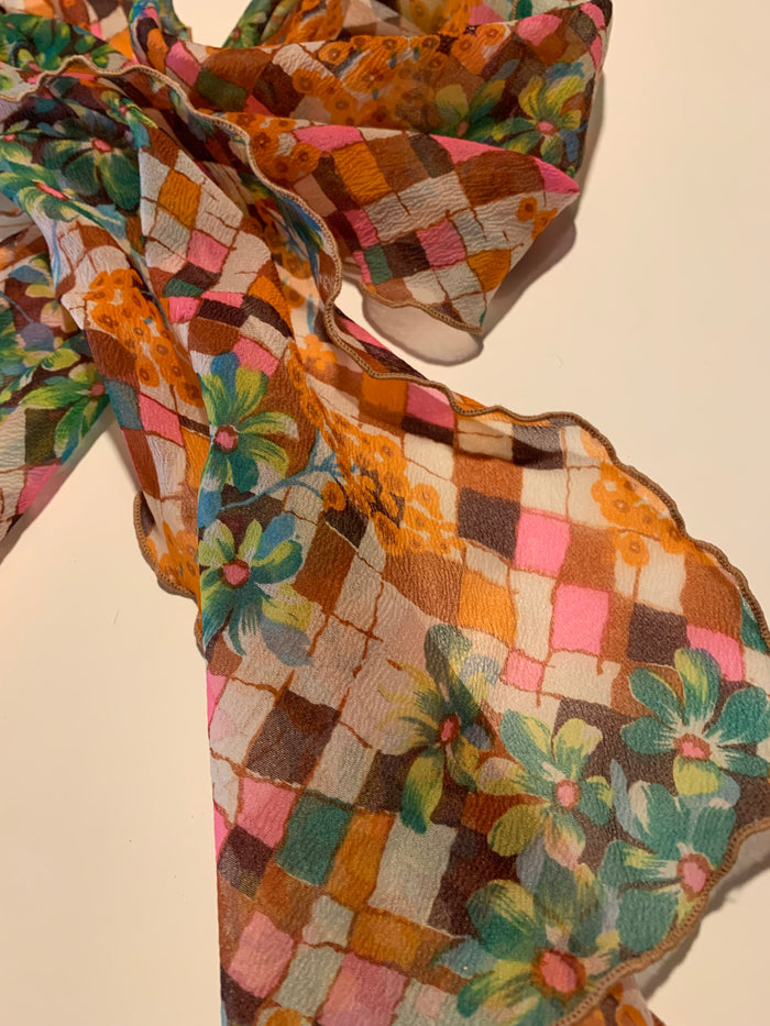 Bright Floral Harlequin Print Chiffon Oblong Scarf circa 1970s