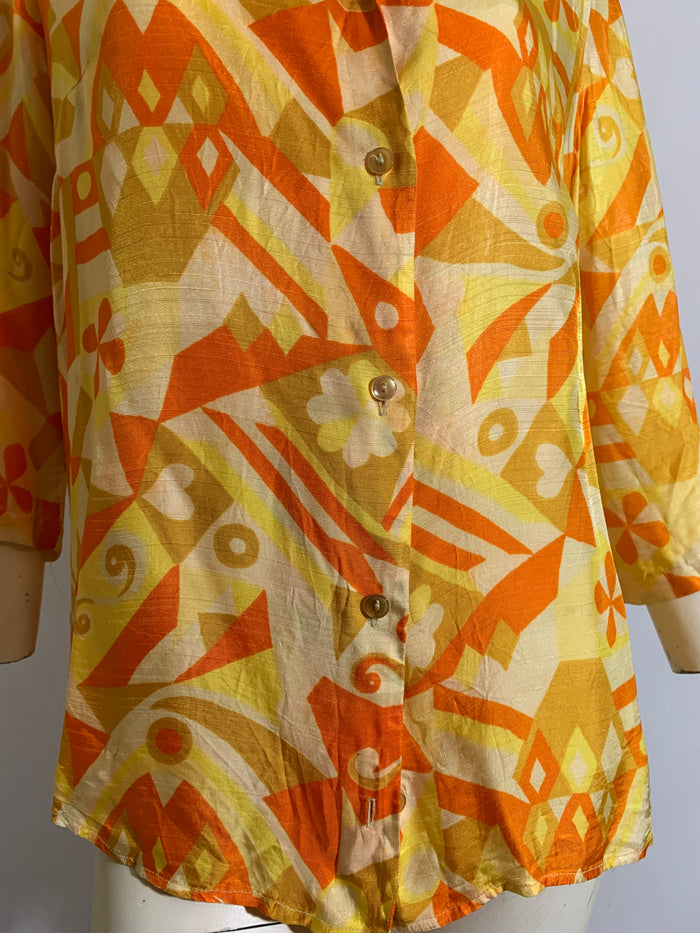 Bright Yellow and Orange Abstract Print Rayon Blouse circa 1970s