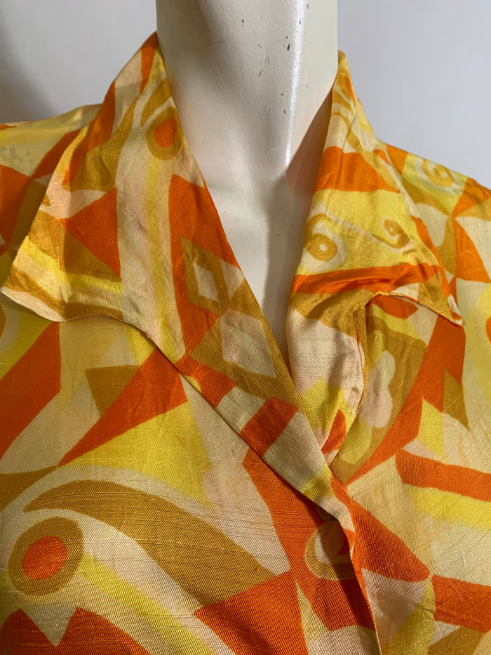 Bright Yellow and Orange Abstract Print Rayon Blouse circa 1970s