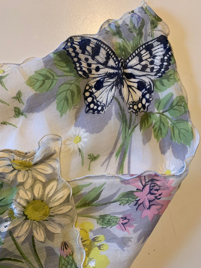 Butterly and Flower Print Handkerchief circa 1960s