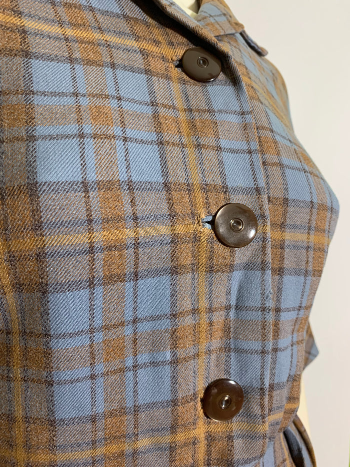 Chic Blue and Mocha Wool Plaid Shirtwaist Dress circa 1950s
