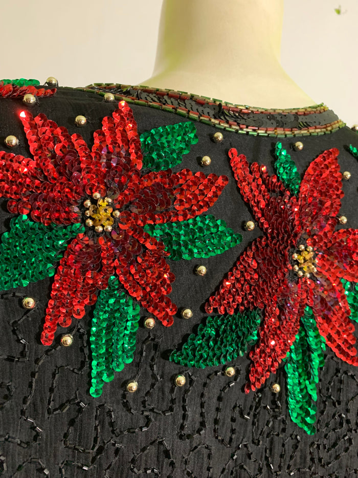 Christmas Glamour Beaded and Sequined Poinsettia Design Jacket circa 1980s
