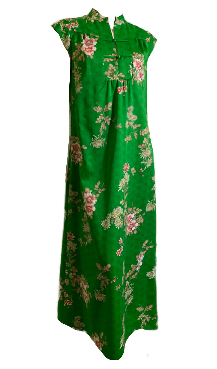 Dahlia Print Asian Inspired Green Sleeveless Maxi Dress circa 1970s