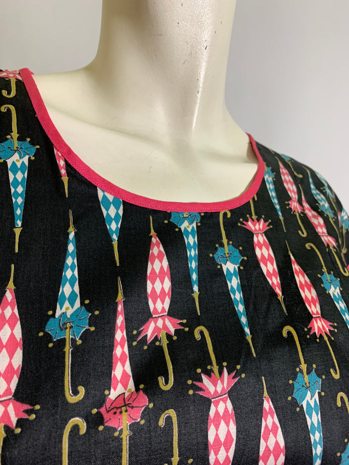 Darling Umbrella Print Open Back Smock Waist Tie circa 1960s