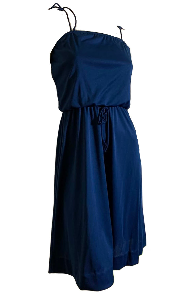 Deep Blue Jersey Nylon Spaghetti Strap Disco Dress circa 1970s