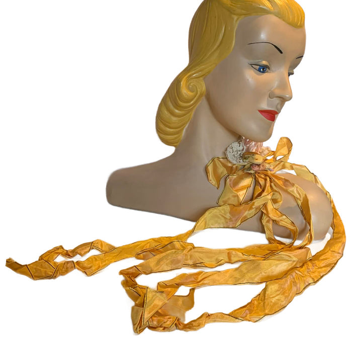 Doll Face Yellow/Pink 2 Tone Ribbon Brooch with Lady Face, Feather and Lace