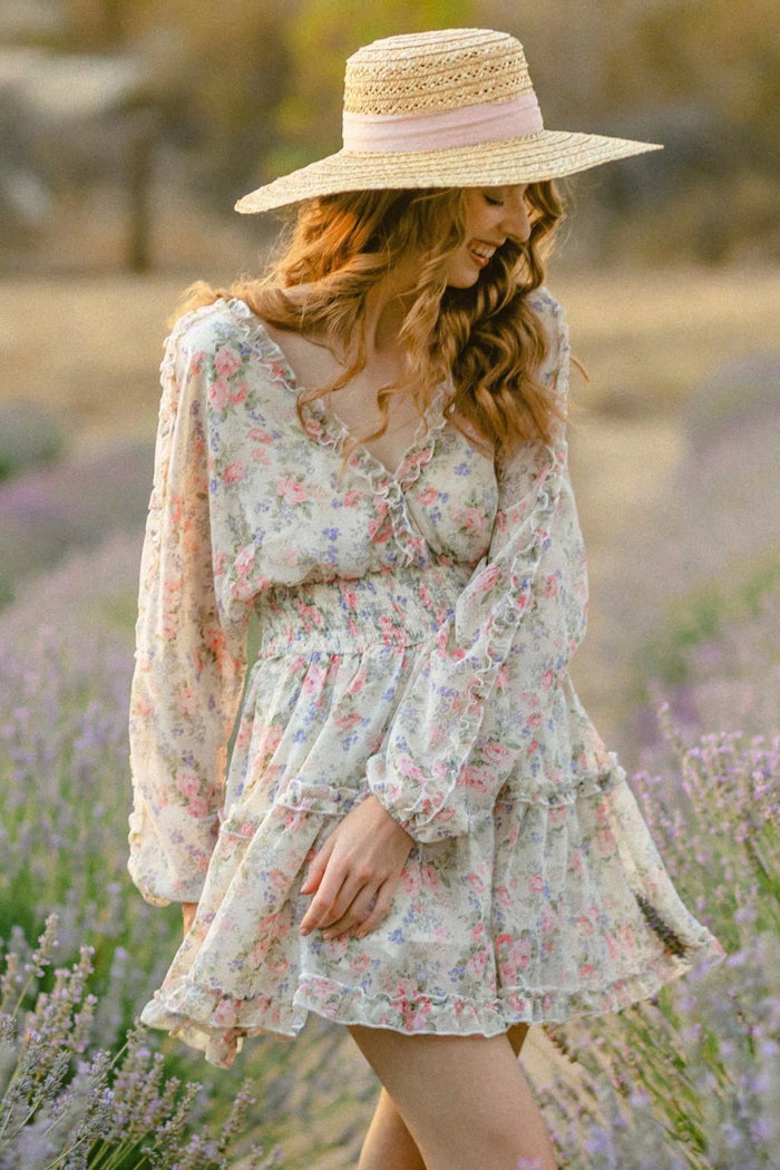 Dreamy Floral 1970s Style Pastel Short Ruffled Dress