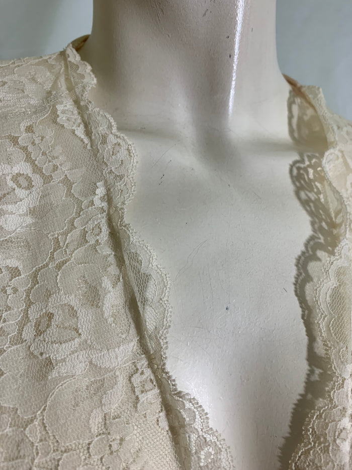 Dreamy Pale Pink Nylon Dressing Gown Robe Lace Trim Batwing Sleeves circa 1980s