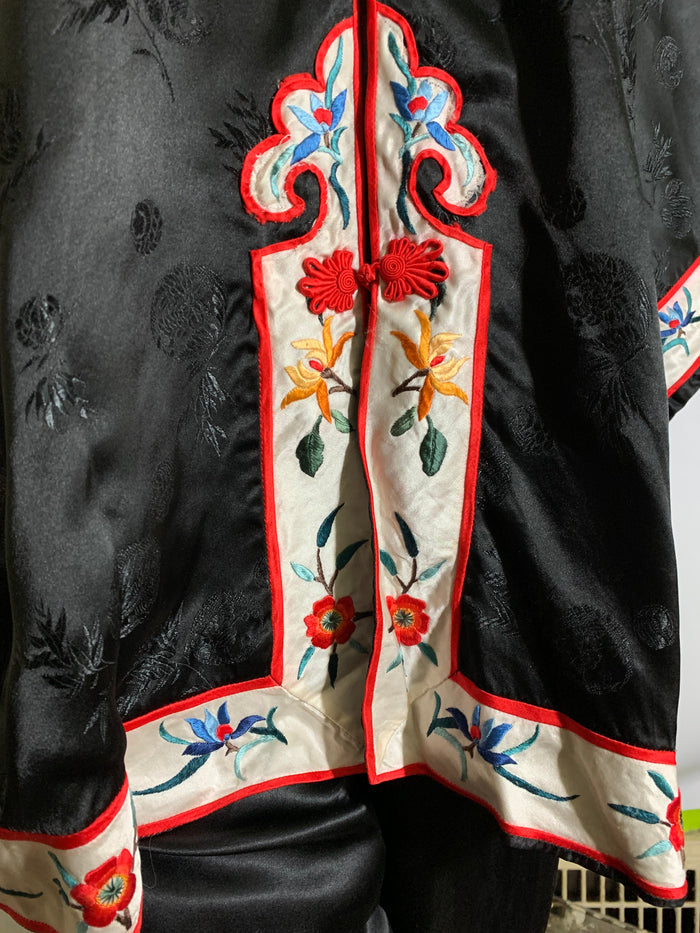Embroidered Black Rayon Chinese Embroidered Pajamas circa 1960s XL