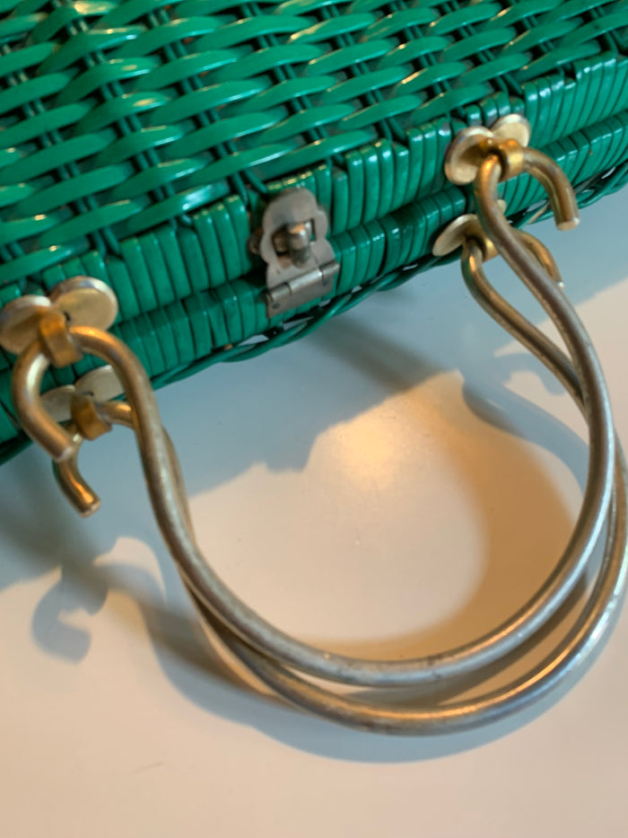 Fresh Green Painted Wicker Handbag Metal Handles Kiss Lock circa 1960s