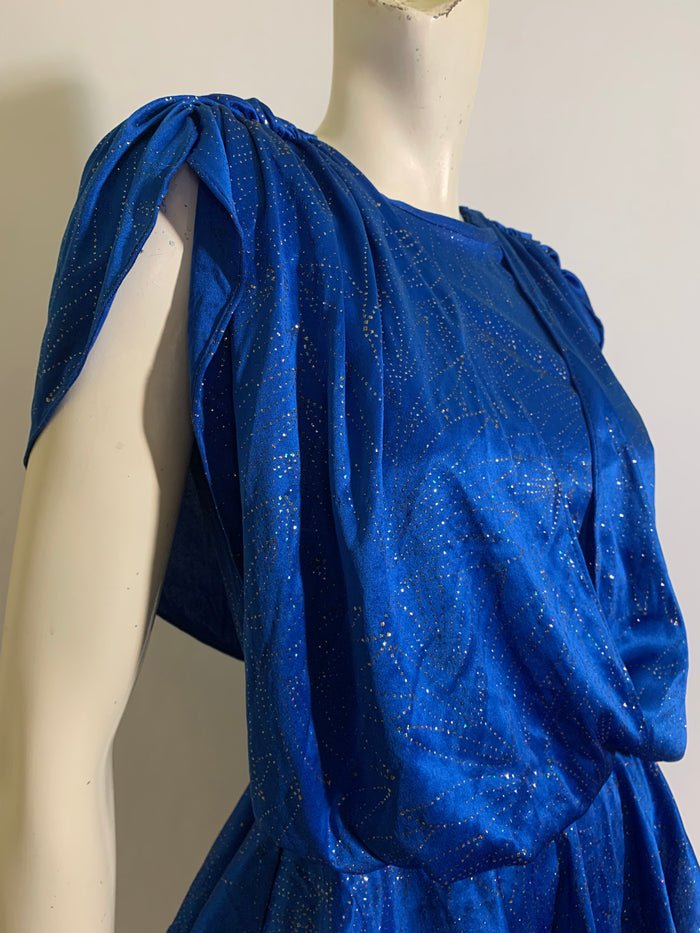 Glittery Royal Blue Draped Disco Dress Low Back circa 1980s
