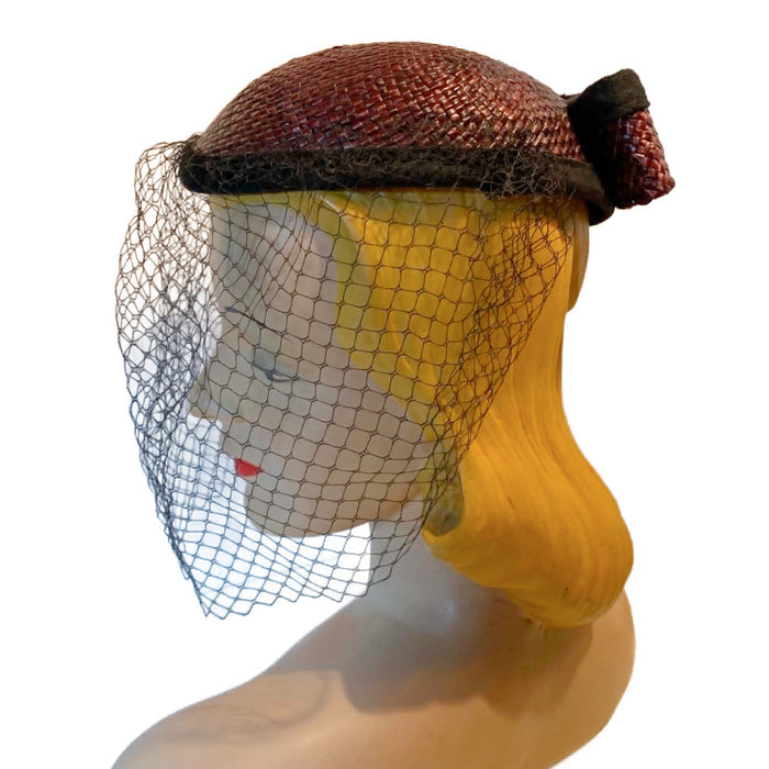 Glossy Wicker Rounded Top Cap Hat with Veil and Bow circa 1960s