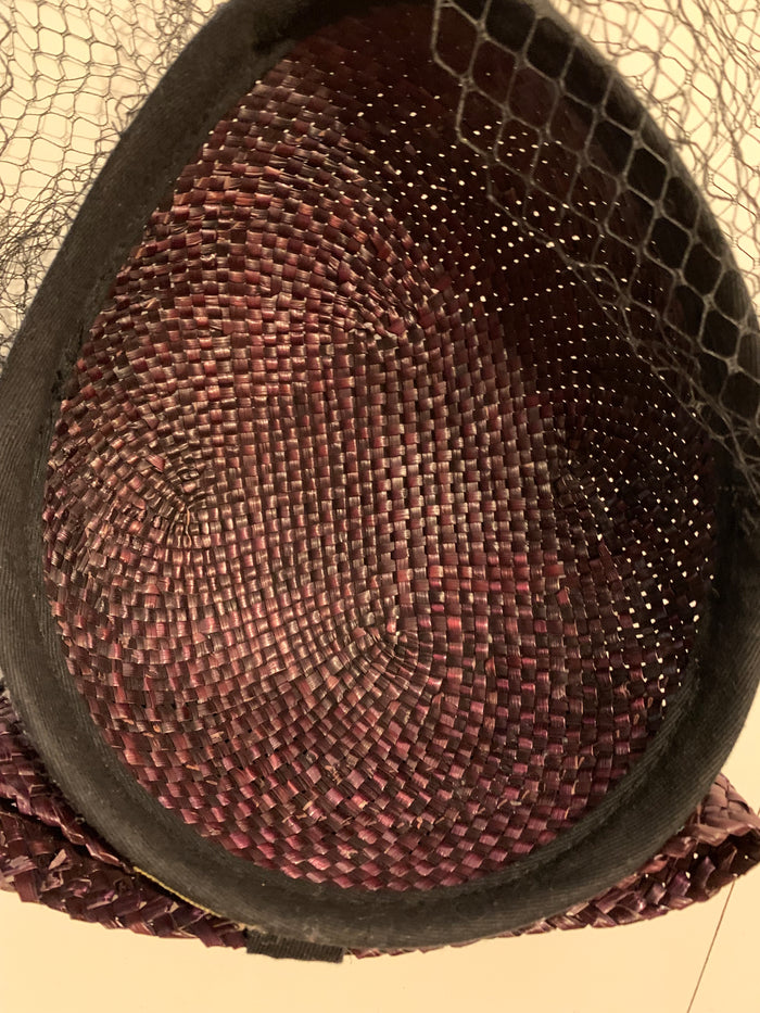 Glossy Wicker Rounded Top Cap Hat with Veil and Bow circa 1960s