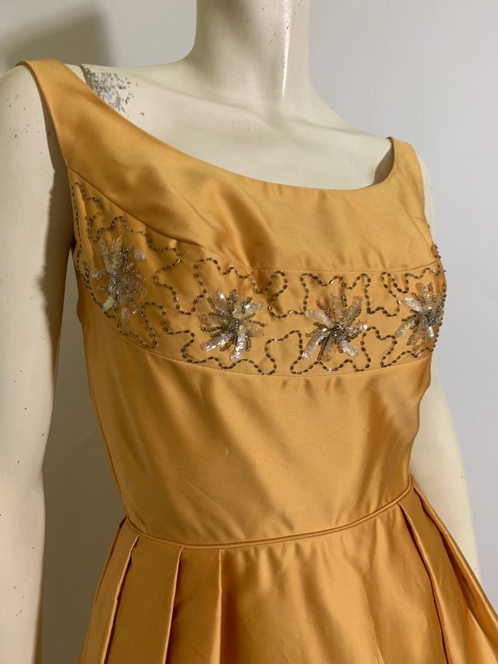 Golden Satin Cocktail Dress with Beading and Sequins circa 1960s