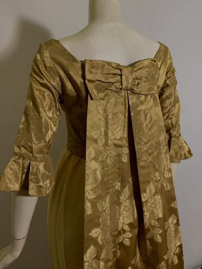 Goldenrod Long Dress Satin Bodice Watteau Train circa 1960s