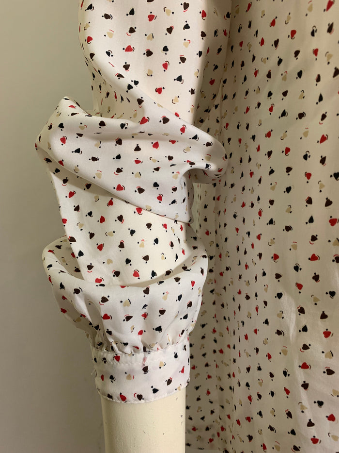 Heart Print Ascot Neckline Button Front Blouse circa 1980s