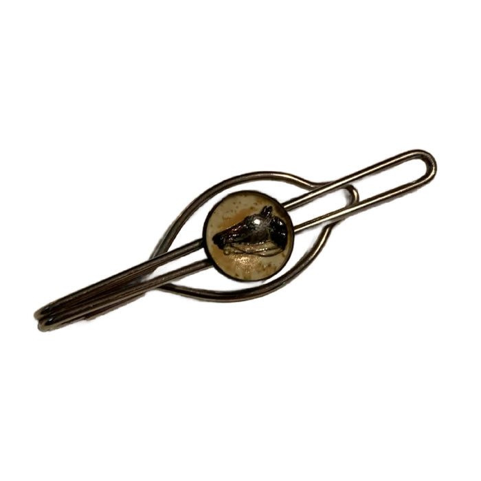Horsehead Glass Domed Silver Tone Metal Tie Clip circa 1940s