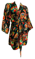 Japanese Bird and Flower Print Black Rayon Robe circa 1940s