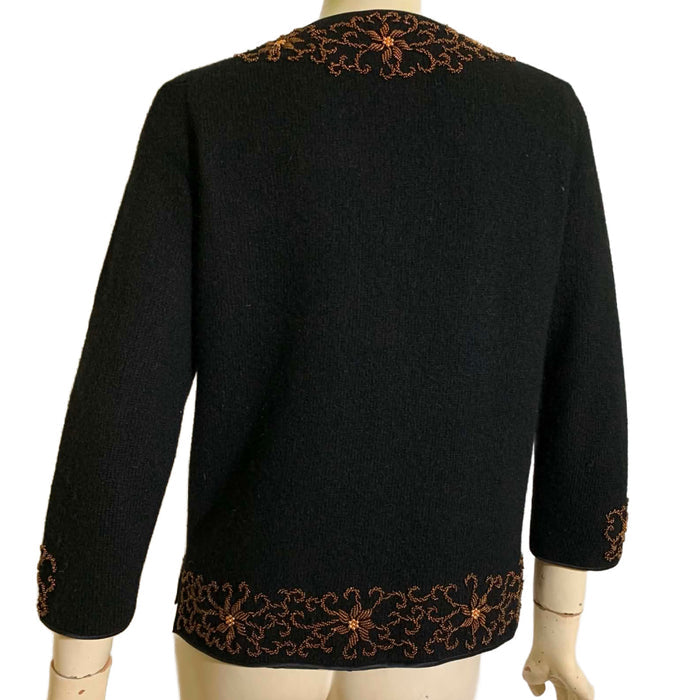 Jet Black Cardigan Sweater with Copper Beaded Flowers circa 1960s