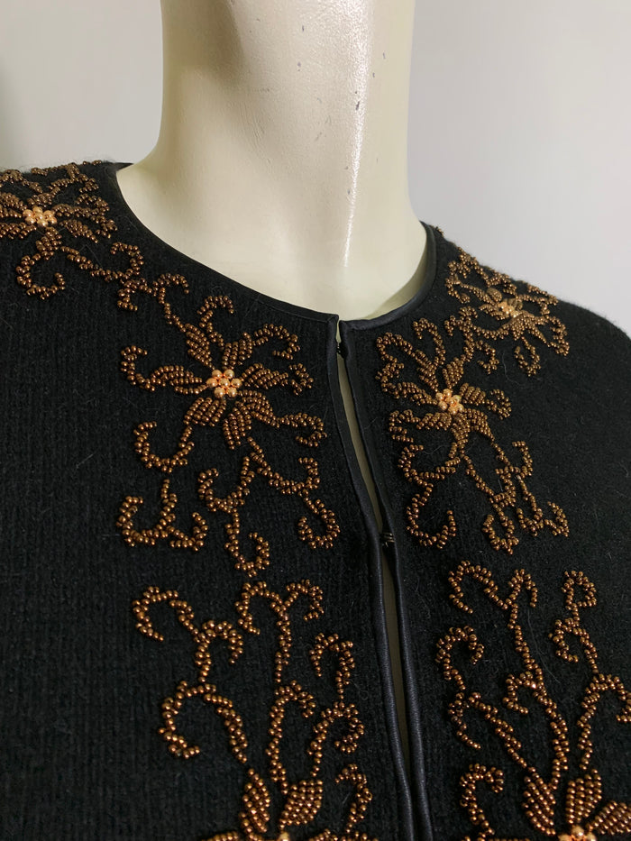 Jet Black Cardigan Sweater with Copper Beaded Flowers circa 1960s