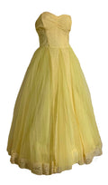 Lemon Chiffon Yellow Strapless Lace and Tulle Party Dress circa 1960s