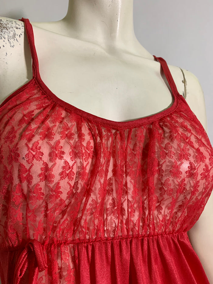 Lipstick Red Nylon and Lace Empire Waist Nightgown circa 1970s