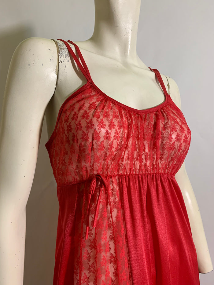 Lipstick Red Nylon and Lace Empire Waist Nightgown circa 1970s