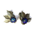 Lovely Blue Flower and Rhinestone Clip Earrings circa 1960s