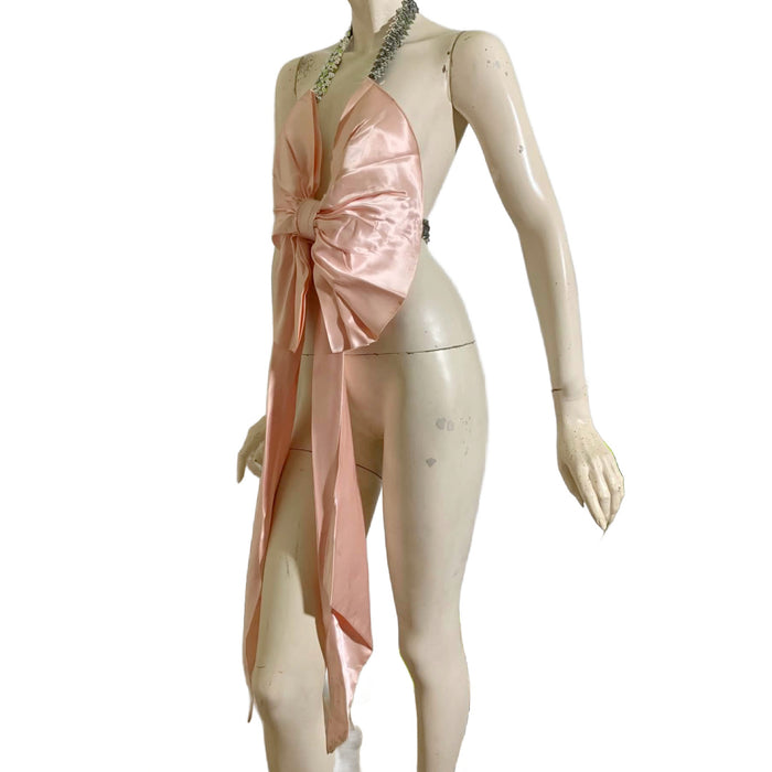 Material Girl the Reimagined Big Pink Slipper Satin Bow and Sequins Halter Top