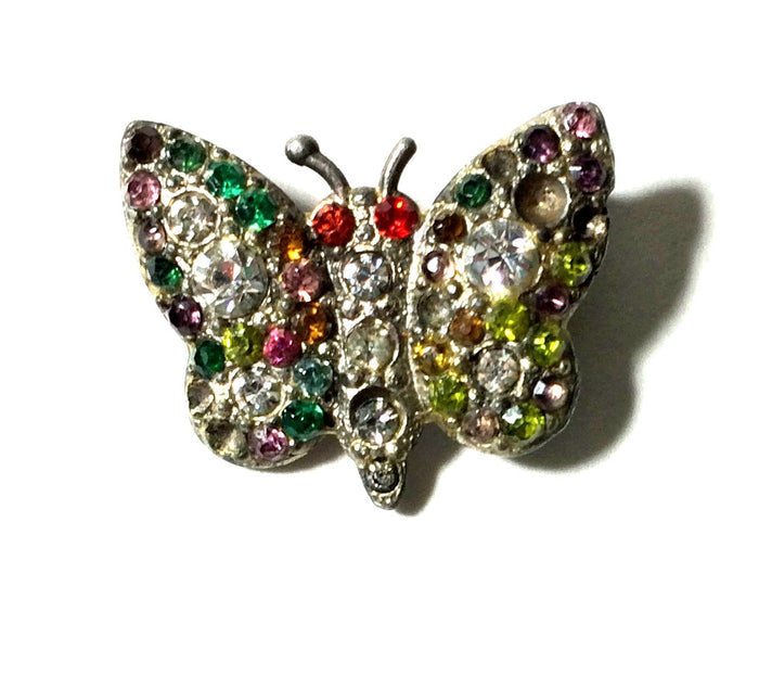 Multicolored Rhinestone Studded Tiny Butterfly Pin circa 1940s