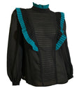 New Wave Sharp Pleated Black and Turquoise Blouse circa 1980s