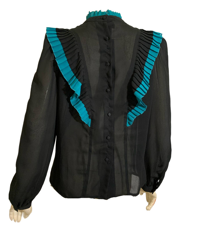 New Wave Sharp Pleated Black and Turquoise Blouse circa 1980s