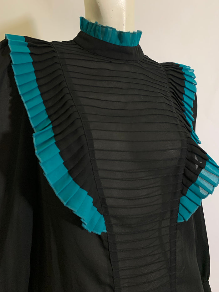 New Wave Sharp Pleated Black and Turquoise Blouse circa 1980s